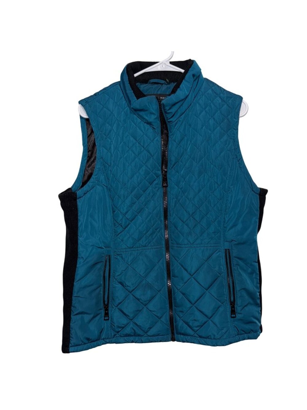 Andrew Marc Womens Quilted Sleeveless Vest Teal Black XL Zippered Pockets